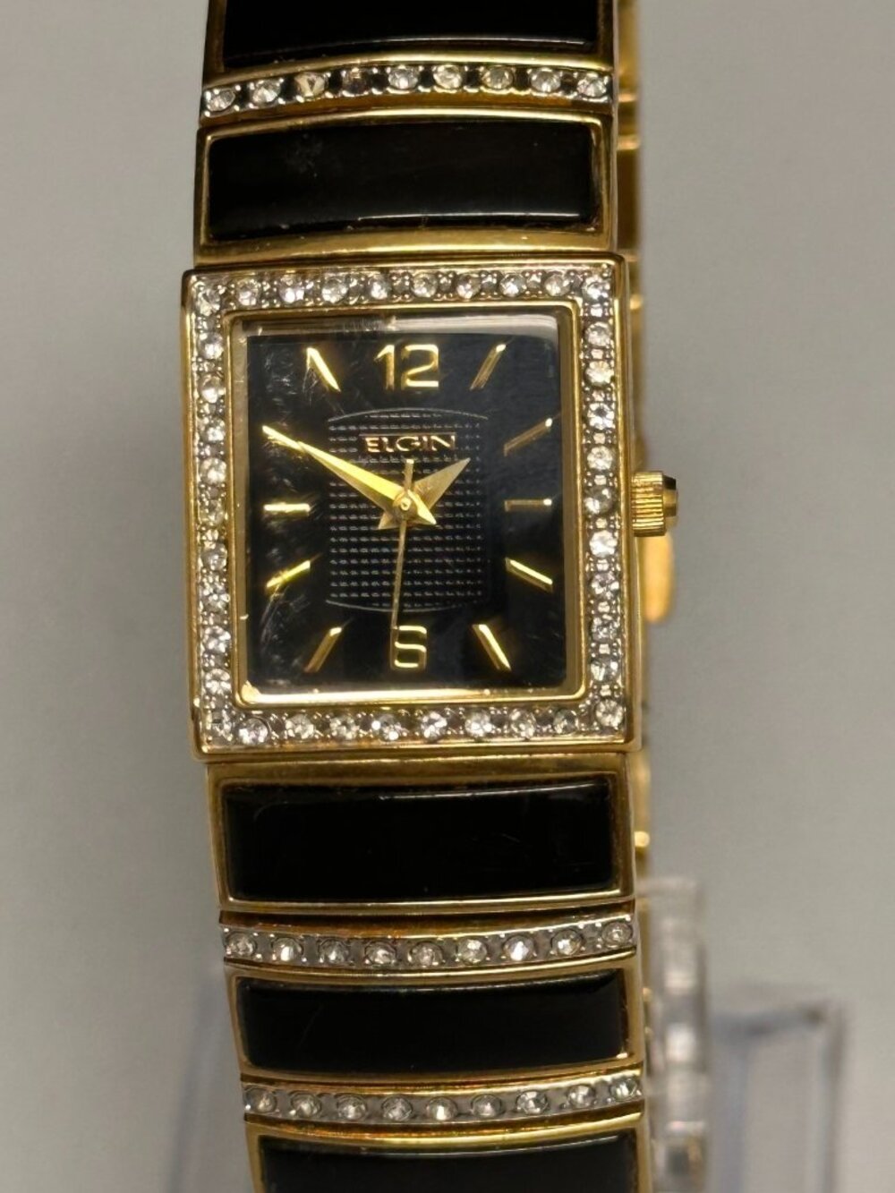 Elgin Womens Watch Gold Tone Black Enamel Rhinestones New Battery 8"